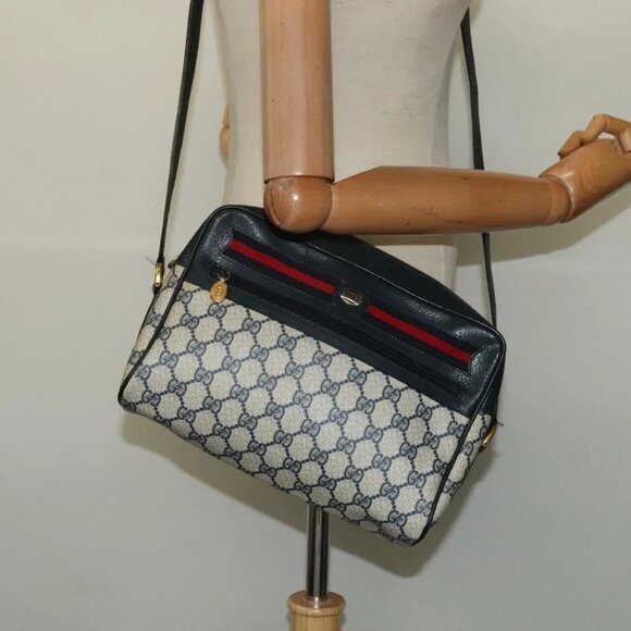 GUCCI GG Supreme Sherry Line Shoulder Bag PVC Navy Gold Auth - Picture 15 of 16
